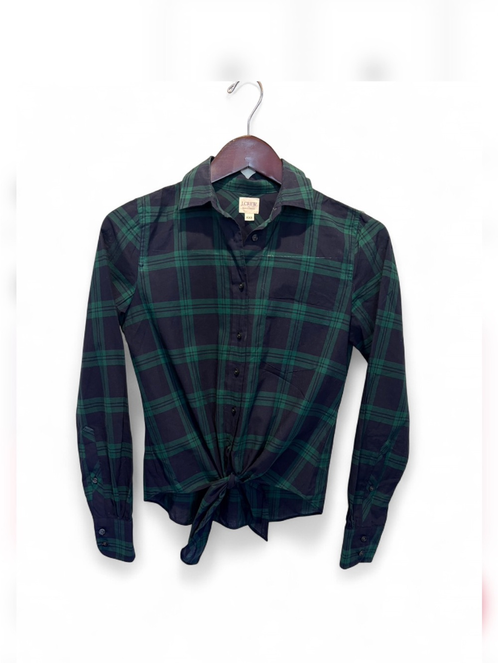 J. Crew Navy& Green Plaid Tie-Front Shirt - Women's